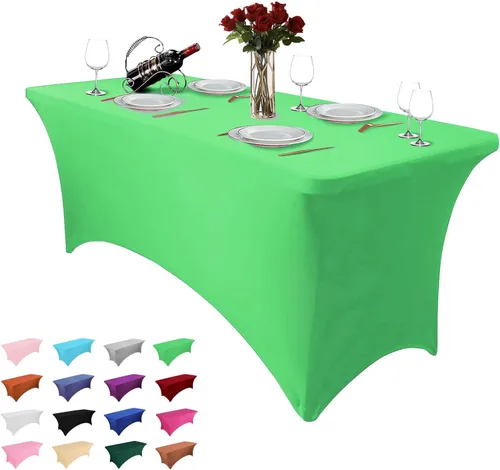 Vista 18 de Paquete de 2 manteles rectangulares de 4 pies para manteles rectangulares color gris azulado, elásticos, manteles de elastano para eventos