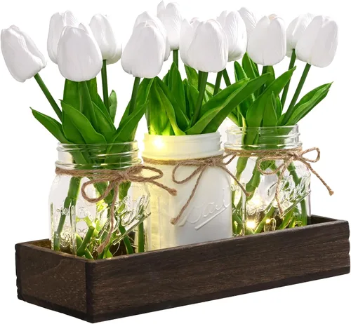 Vista 9 de BLEUM CADE Decoración de mesa de centro de mesa, 3 piezas de flores artificiales de hortensias en frascos Mason con bandeja de madera para mesa