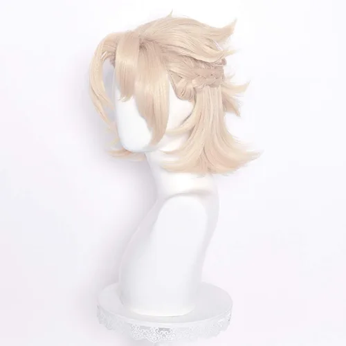 Vista 3 de SL Peluca rubia corta para Genshin Impact, pelucas de pelo mullido puntiaguda + gorra (rubia Albedo)