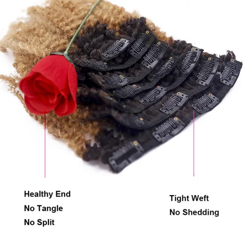 Vista 4 de Loxxy Afro rizado extensiones de clip grueso 100 % virgen Remy cabello humano 4B 4C negro natural 7 piezas con 17 clips 4.23 onzas/120 g por juego