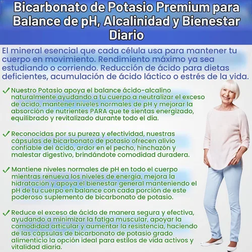 Vista 4 de Suplemento de bicarbonato de potasio puro Cápsulas Píldoras de equilibrio de pH, electrolitos de alto potasio 1200 mg Serv. Grado alimenticio