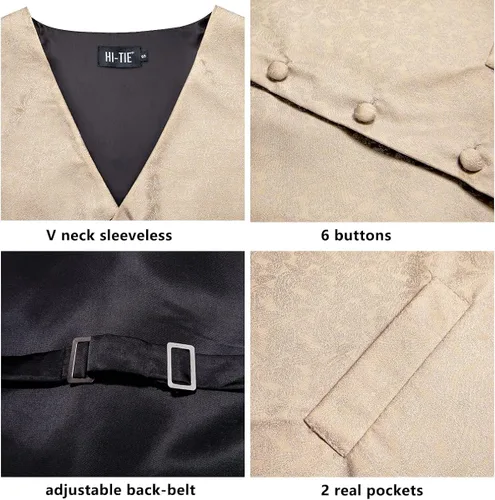 Vista 4 de Hi-Tie Juego de 5 piezas de chaleco con corbata de pañuelo de solapa, conjunto de chaleco de seda jacquard formal para esmoquin S-3XL