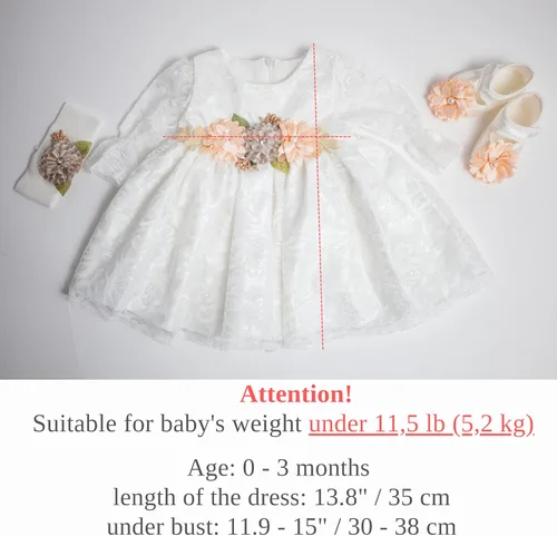 Vista 4 de Vestido de niña recién nacida, bautizo, vestido blanco bordado de encaje para bebé 0-3, vestido de niña de flores recién nacidas
