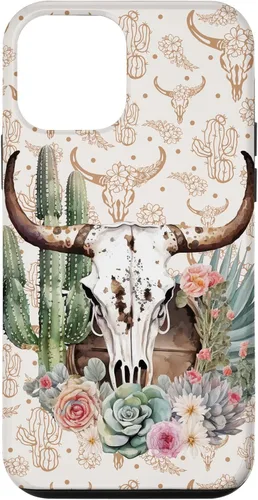 Vista 16 de Western Boho Chic Longhorn Bull Skull Cactus Beige Pattern Case for iPhone 17