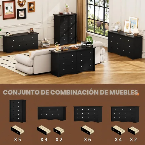 Vista 8 de Flamaker Cómoda alta para dormitorio, cómoda de madera con 5 cajones, color Negro