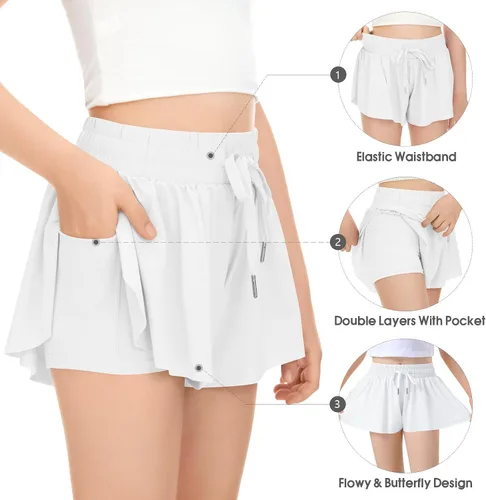 Vista 3 de Paquete de 2 pantalones cortos de mariposa para niños y niñas, pantalones cortos holgados con bolsillo 2 en 1, pantalones cortos deportivos