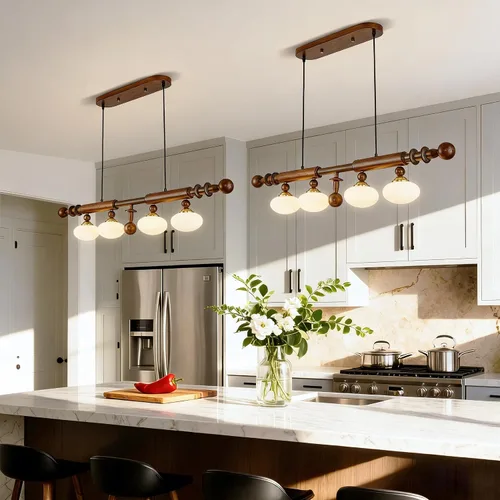 Vista 5 de Lámpara de araña lineal de madera y globo de madera para comedor, lámpara rústica de 4 luces lineales para isla de cocina, lámpara colgante moderna