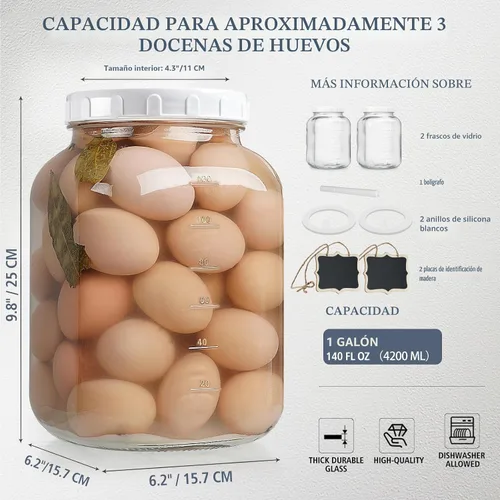 Vista 6 de Paquete de 2 tarros de vidrio transparente de boca ancha de 1 galón con tapa, tapa de rosca hermética resistente con junta de silicona - tarro Mason