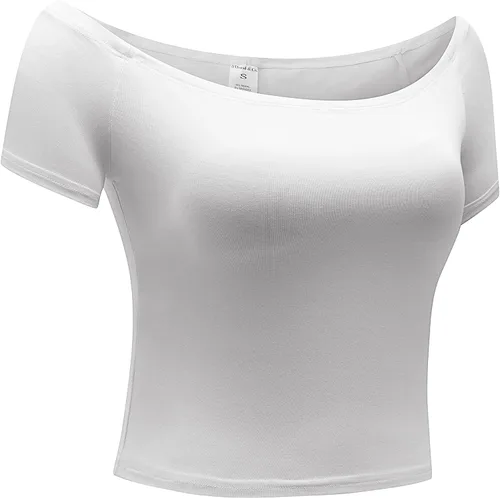 Vista 3 de OThread & Co. Blusa corta de manga corta con hombros descubiertos para mujer, cómoda, básica, con capa elástica