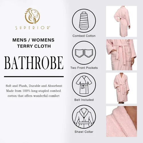 Vista 3 de Cotton Unisex Terry Robe, Soft And Absorbent Robes For Men And Women, Bathroom Accessories
