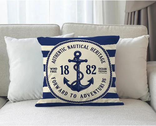 Vista 3 de Funda para cojín Beabes de 18"X18" con ancla, diseño náutico azul y blanco a rayas, funda de almohada cuadrada de algodón y lino para el hogar