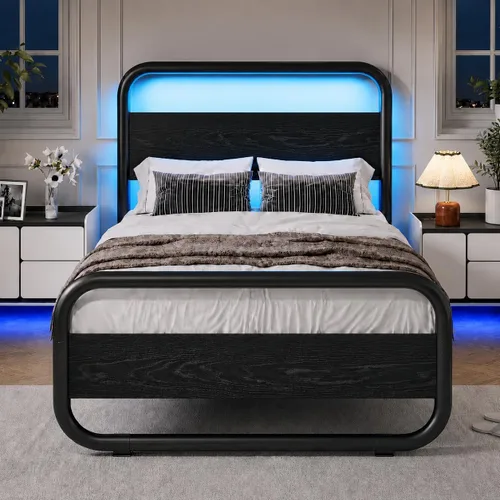 Vista 9 de Catrimown - Marco para cama individual con luces LED, marco de cama plataforma individual resistente de metal rústico con cabecera de madera Negro