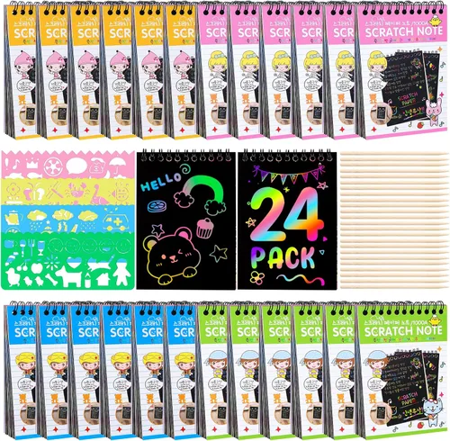 Vista 9 de YSCare Artículos de Fiesta de Arte de Rascar para Niños: 16 Pack Cuaderno de Arte de Rascar Arcoíris, Kit de Manualidades y Artesanías, Bolsas