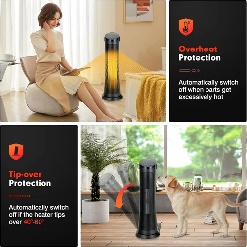 Vista 5 de PETSITE Calentador de espacio, calentador eléctrico portátil de cerámica PTC de 1500 W con termostato, 3 modos y temporizador de 24 horas, control