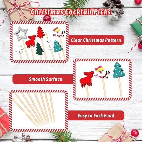 Vista 3 de KIMOBER 160 palillos de cóctel de Navidad, varios palillos de dientes de frutas de bambú para alimentos, aperitivos, bebidas, decoración de pasteles