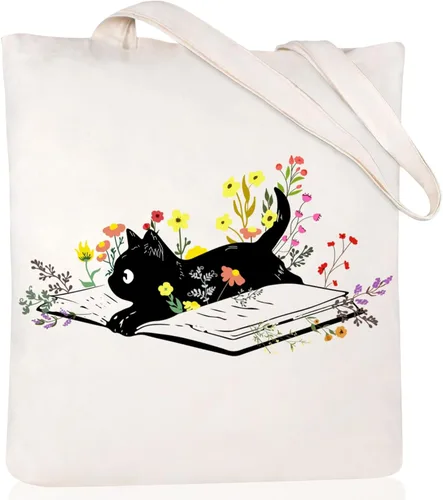 Vista 20 de Andeiltech - Bolsa de lona para mujer, con diseño de gato bonito y estética, bolsas reutilizables para compras y comestibles, con bolsillo