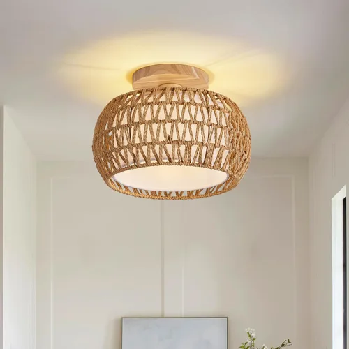 Vista 10 de Lámpara de techo de ratán bohemio, 3 opciones de estilo, luces de techo de mimbre semiempotradas, accesorios de luz costera beige, candelabro