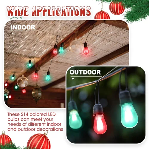 Vista 5 de 25 unidades de bombillas LED S14 rojas y verdes de 2W con base E26, bombillas de Navidad de colores rojo y verde, bombillas de cadena
