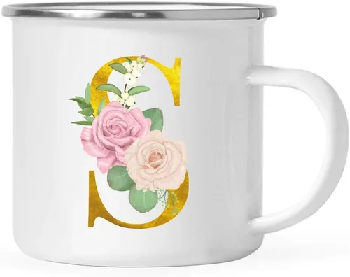 Vista 21 de Andaz Press Taza de café de acero inoxidable para niños de 11 onzas, regalo de taza de café de fogata, rosa rubor, monograma de oro sintético, letra