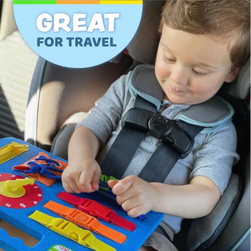 Vista 4 de Buckle Toys Busy Board - Juguete de aprendizaje Montessori para niños pequeños, actividades de viaje por carretera, tablero sensorial de espuma, Azul