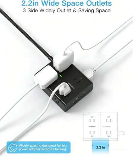 Vista 5 de One Beat Regleta protectora de sobretensiones, cable de extensión plano ultrafino de 6 pies con 8 tomas, 4 puertos USB (2 USB C), regleta