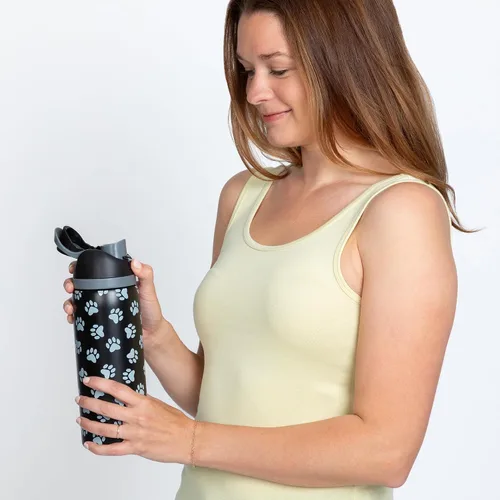 Vista 2 de Paw Print - Botella de agua de acero inoxidable con aislamiento de doble pared fácil de beber de 32 onzas, tapa abatible con una sola mano con Negro