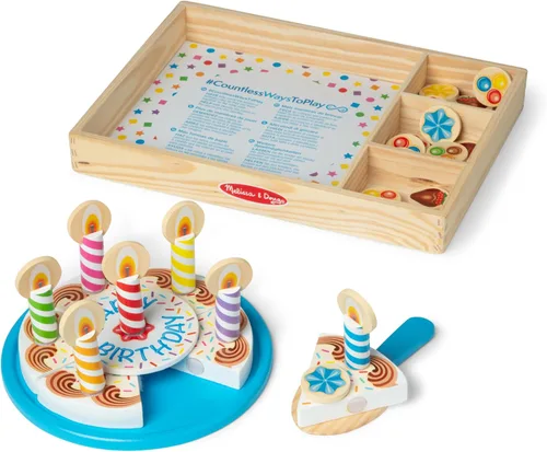 Vista 4 de Melissa & Doug, pastel de fiesta de cumpleaños, juego con alimentos, mezclar y combinar, decoraciones para pastel y 7 velas