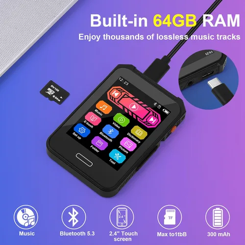 Vista 6 de Reproductor MP3 de 64 GB Bluetooth 5.3 con pantalla táctil completa de 2.4 pulgadas, reproductor de música digital portátil ZOLQX con altavoz, radio