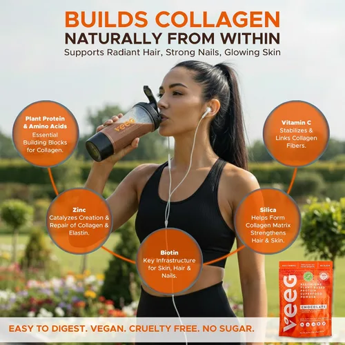 Vista 7 de Veeg Proteína vegetal en polvo – Batido de proteína vegana y refuerzo de colágeno. Proteína de guisante, MCT, probióticos y multivitamínico. 10