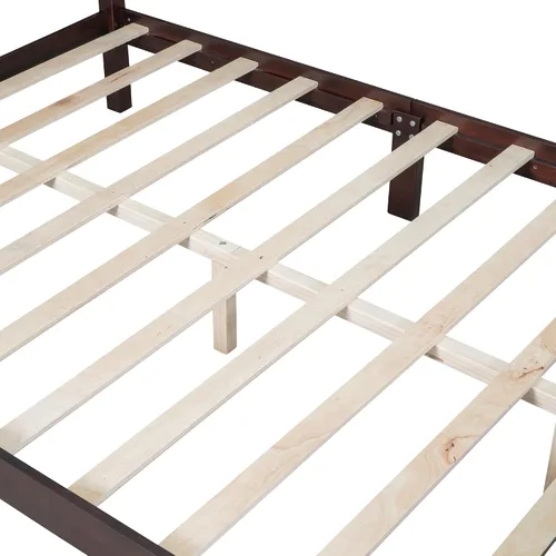 Vista 8 de Base de cama de plataforma de madera tamaño Queen, plataforma de estilo retro con soporte de listones de madera, marco de cama retro con plataforma