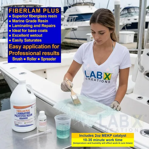 Vista 4 de FIBERLAM Plus 1-10G Resina de poliéster 1-10 galones +endurecedor MEKP; revestimiento de baja viscosidad para laminado de estera/biaxial/tela