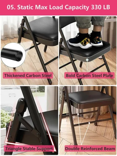 Vista 5 de 1 paquete de sillas plegables al por mayor con cojín acolchado, marco individual de metal de acero negro, silla plegable para interiores