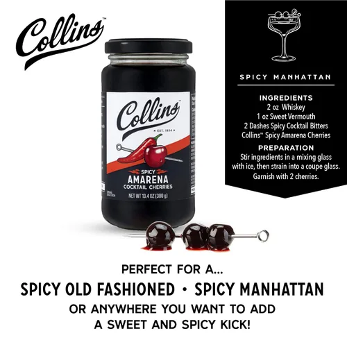 Vista 4 de Collins - Cerezas amarena picantes en almíbar, cerezas negras para Old Fashioned o Manhattan, cerezas de cóctel, guarnición para cócteles o postres
