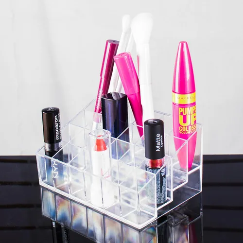 Vista 3 de Organizador de cosméticos y maquillaje transparente. Para labiales en barra, pinceles, frascos y más. Soporte transparente para estantes.