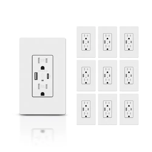 Vista 10 de TOPELER Toma de pared USB, receptáculo de cargador USB de 4.8 A con puertos tipo A y tipo C, enchufe dúplex de 15 amperios resistente a
