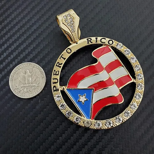 Vista 5 de Colgante de medalla de la bandera de Puerto Rico chapado en oro y 0512in 16 18 20 24 cadena cubana helada Bling Hip Hop collar