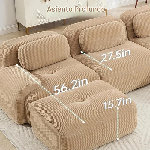 Vista 9 de Sofá moderno de pana en forma de nube de 116 pulgadas con otomana, sofás seccionales modulares grandes sin armazón en forma de L para sala de estar