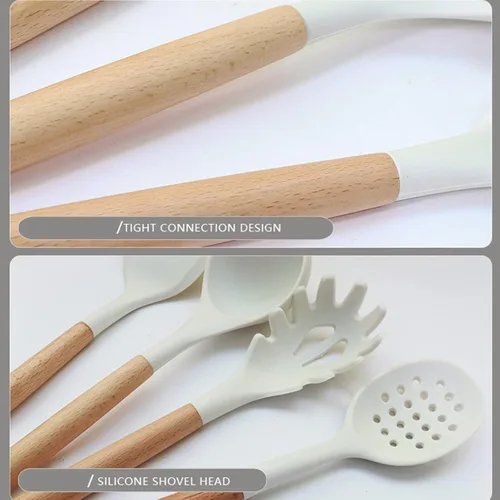 Vista 4 de Juego de utensilios de cocina de silicona negra, juego de utensilios de cocina de silicona resistente al calor con mango de madera, cucharas