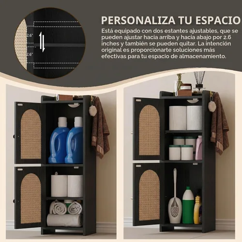 Vista 7 de Arbuxzuy Gabinete de almacenamiento de baño de ratán con 2 puertas y Ratán negro