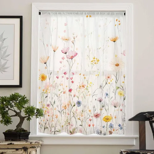 Vista 4 de Cortinas traslúcidas con estampado de flores botánicas de 45 pulgadas de largo, panel de cortina de gasa con estampado de acuarela y flores