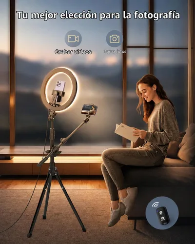 Vista 5 de UBeesize Anillo de luz de 12" con soporte para teléfono superior y soporte Trípode para iPhone con luz de anillo y control remoto, barra transversal