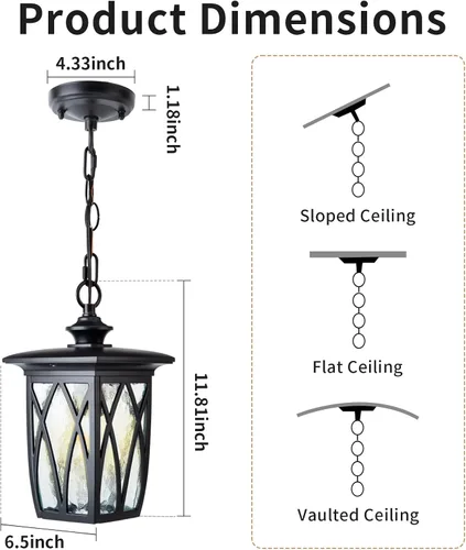 Vista 2 de JYZ Paquete de 2 lámparas colgantes para exteriores, farol colgante exterior de 12 pulgadas, lámpara moderna de metal negro para exteriores, lámpara