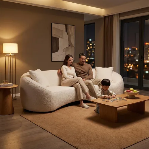 Vista 4 de Sofá curvado de 93.31 pulgadas, sofá de lujo de 3 plazas con 2 almohadas, marco de madera maciza, sofás modernos para sala de estar, apartamento