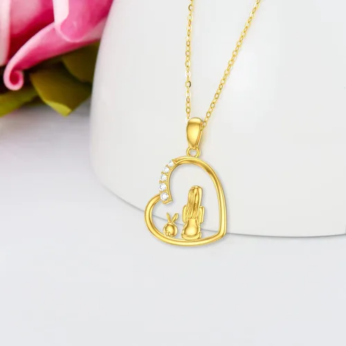 Vista 3 de Collar de conejo y niña de oro de 14 quilates para niña, collares con colgante de corazón de conejo de oro amarillo real para adolescentes, collar