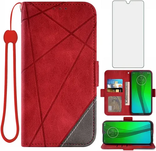 Vista 9 de Funda compatible con Moto G7/G7+/Revvlry Plus y protector de pantalla de vidrio templado, funda con tapa para tarjetero, soporte para teléfono Negro