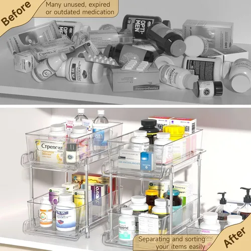 Vista 4 de HIHEGD Organizador de Almacenamiento de Baño de 2 Niveles con Separadores, Transparente, Extraíble Debajo del Fregadero para Cocina, Despensa