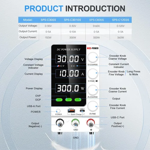Vista 2 de NICE-POWER Fuente de alimentación CC variable 30V 10A, fuente de alimentación de banco de CC regulada ajustable con interruptor