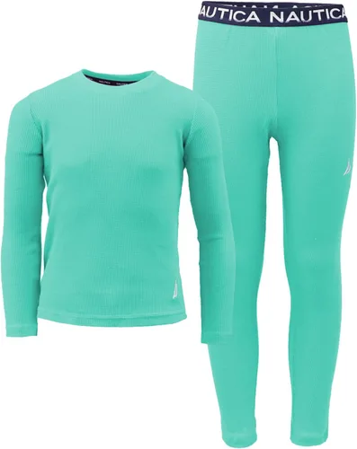 Vista 4 de Nautica Conjunto de ropa interior térmica de 2 piezas para niña, camisa y pantalones de capa base de punto gofre, largo