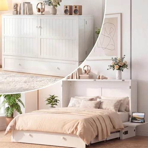 Vista 11 de Mjkone Armario de cama Queen Murphy, cama de pecho Murphy con cajón de almacenamiento, estación de carga USB, panel de noche, camas convertibles