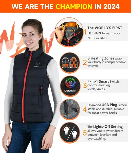 Vista 2 de DOACE Chaleco térmico mejorado para hombres y mujeres, chaleco de calefacción eléctrica inteligente, chaqueta térmica ligera (batería no incluida)